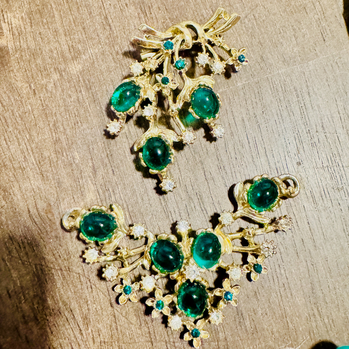 ⚜️ Vintage Brooch & Pendant Set | Emerald Green Cabochon | Gold-Tone 💗 — photo 3