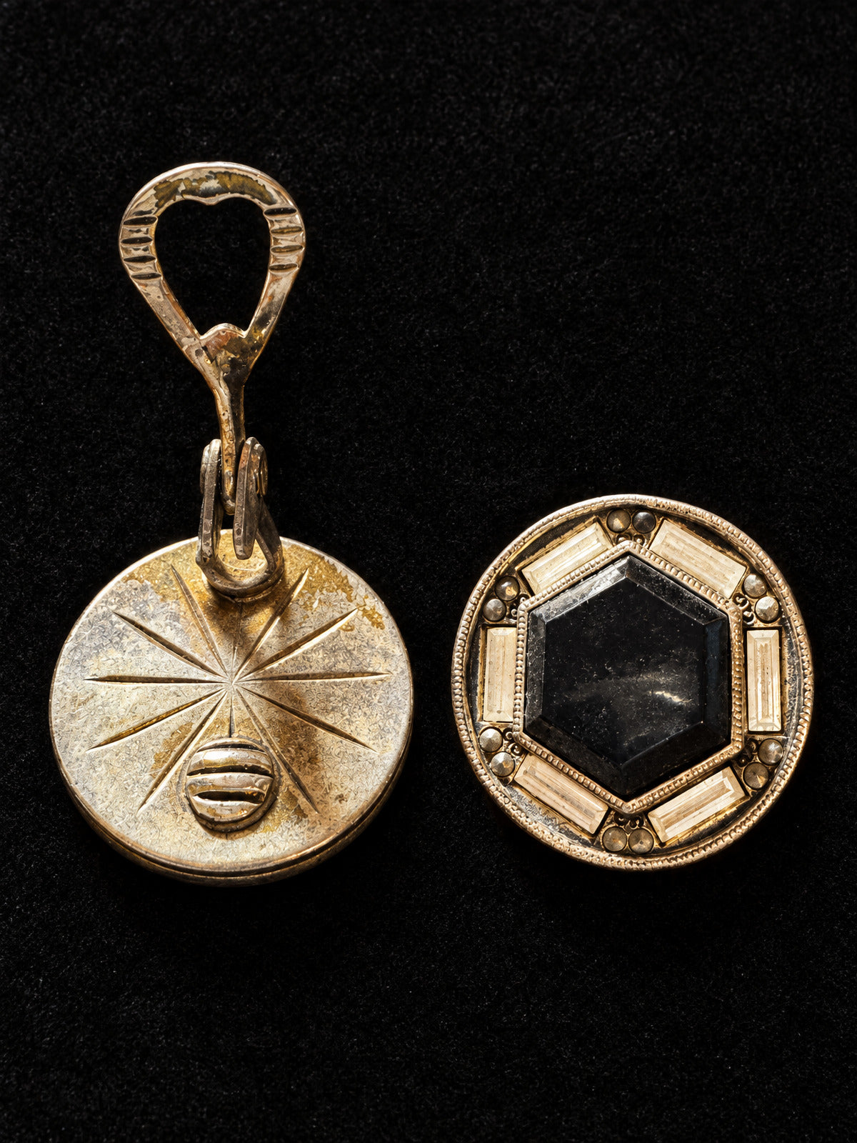 Vintage Clip-On Earrings · Art Deco Black & Gold-Tone Hexagon