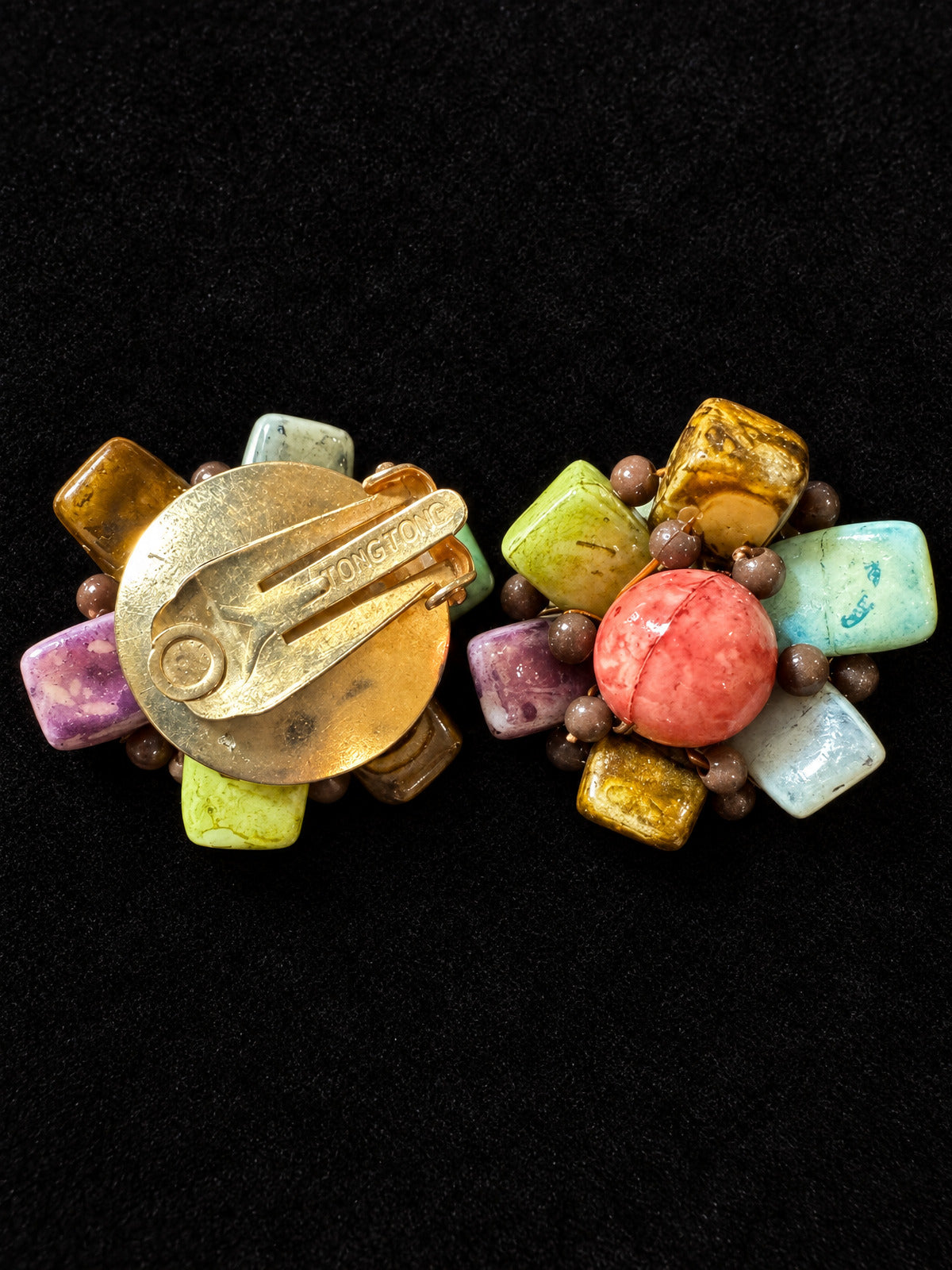 Vintage Clip-On Earrings · Multicolor Ceramic-Style Beads · Hong Kong