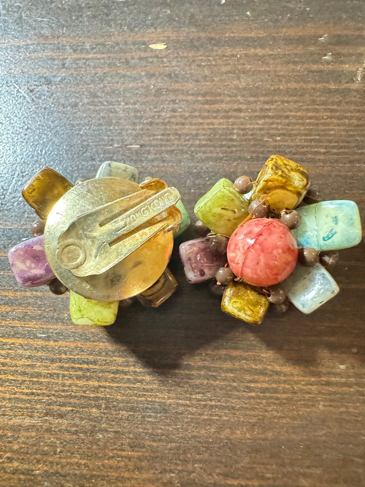 Vintage Clip-On Earrings · Multicolor Ceramic-Style Beads · Hong Kong — photo 2