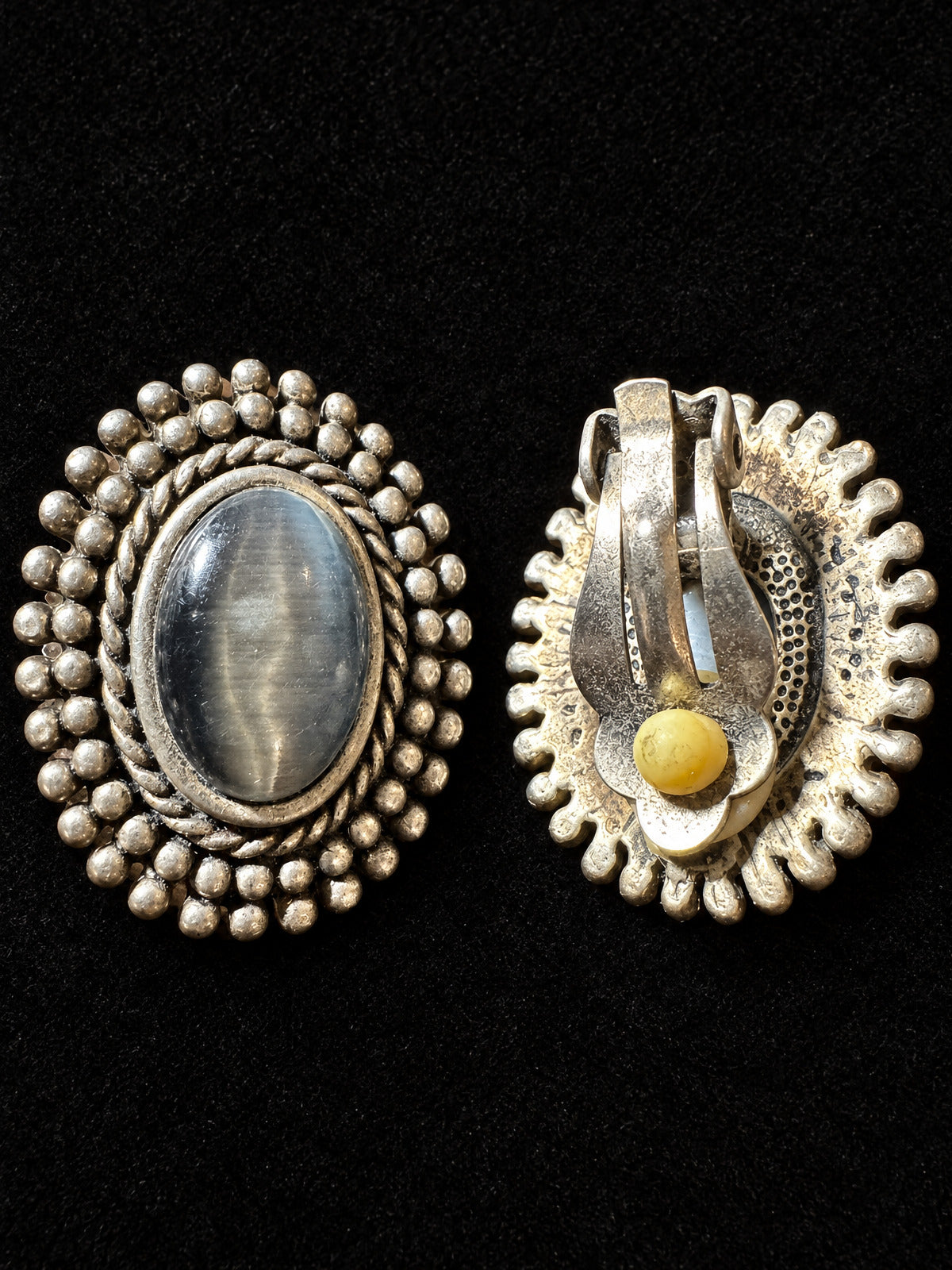 Clip-On Earrings · Oval Faux Cat's Eye · Silver-Tone Beaded