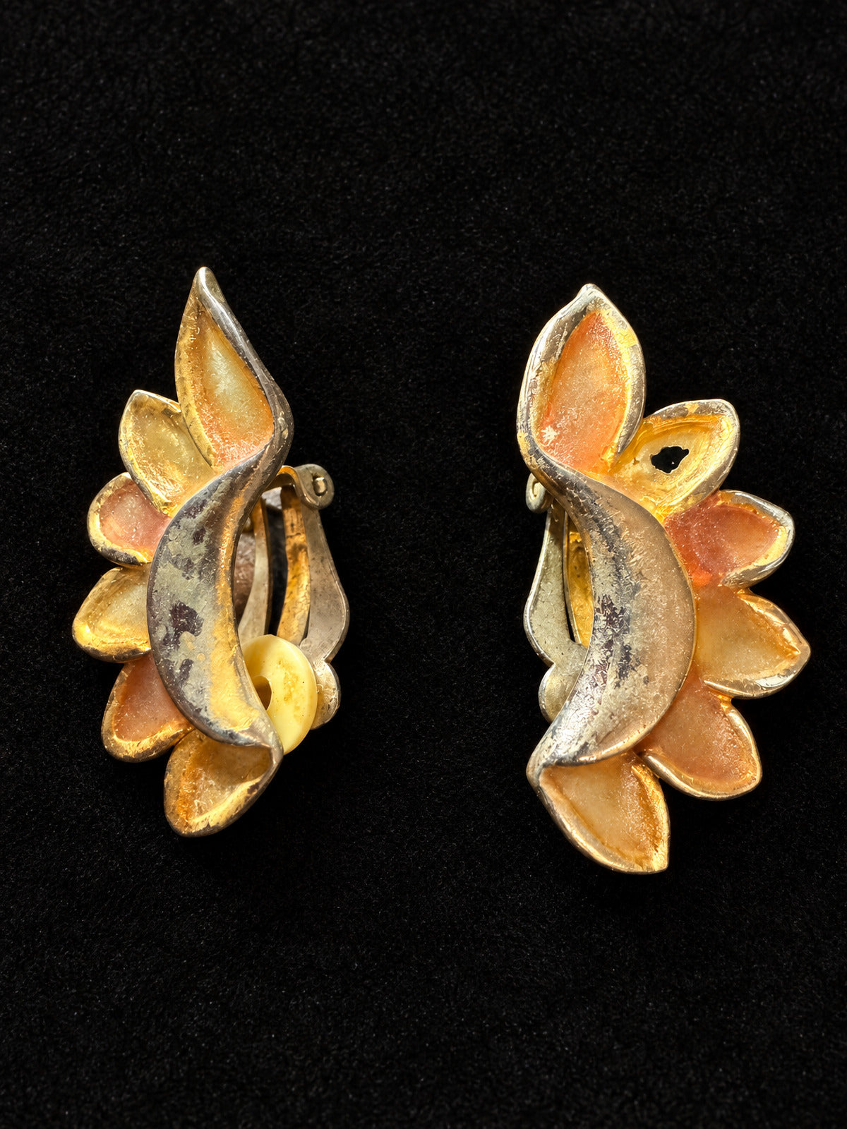 Vintage Clip-On Earrings · Floral Petal · Gold-Tone Enamel Peach