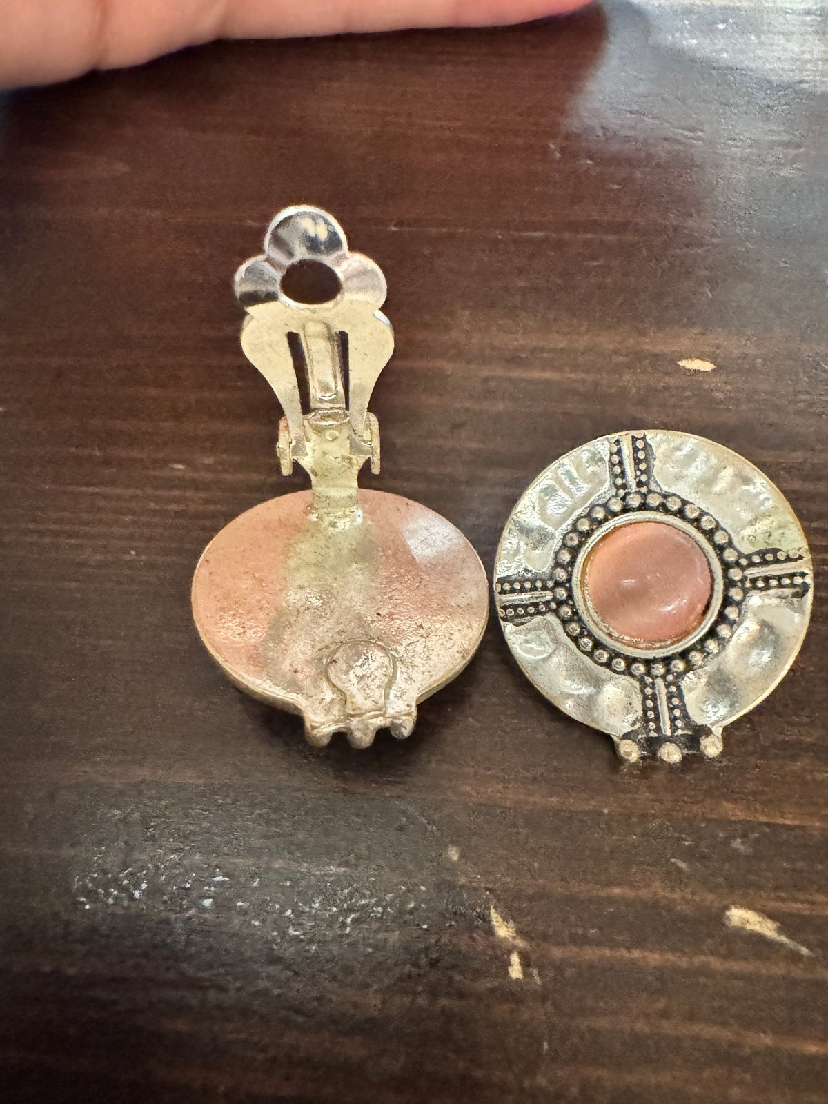 Clip-On Earrings · Silver-Tone Round · Pink Faux Cabochon — photo 2