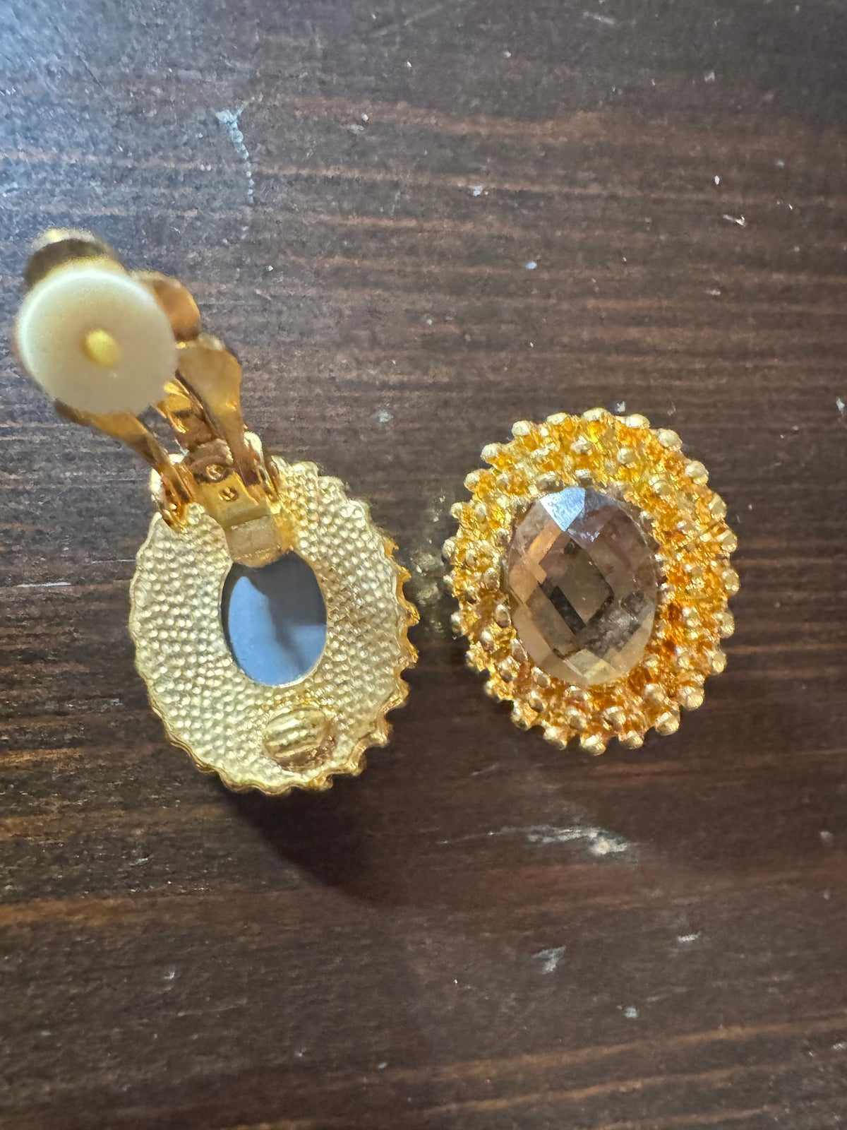Clip-On Earrings · Gold-Tone Oval · Champagne Faceted Glass — photo 2