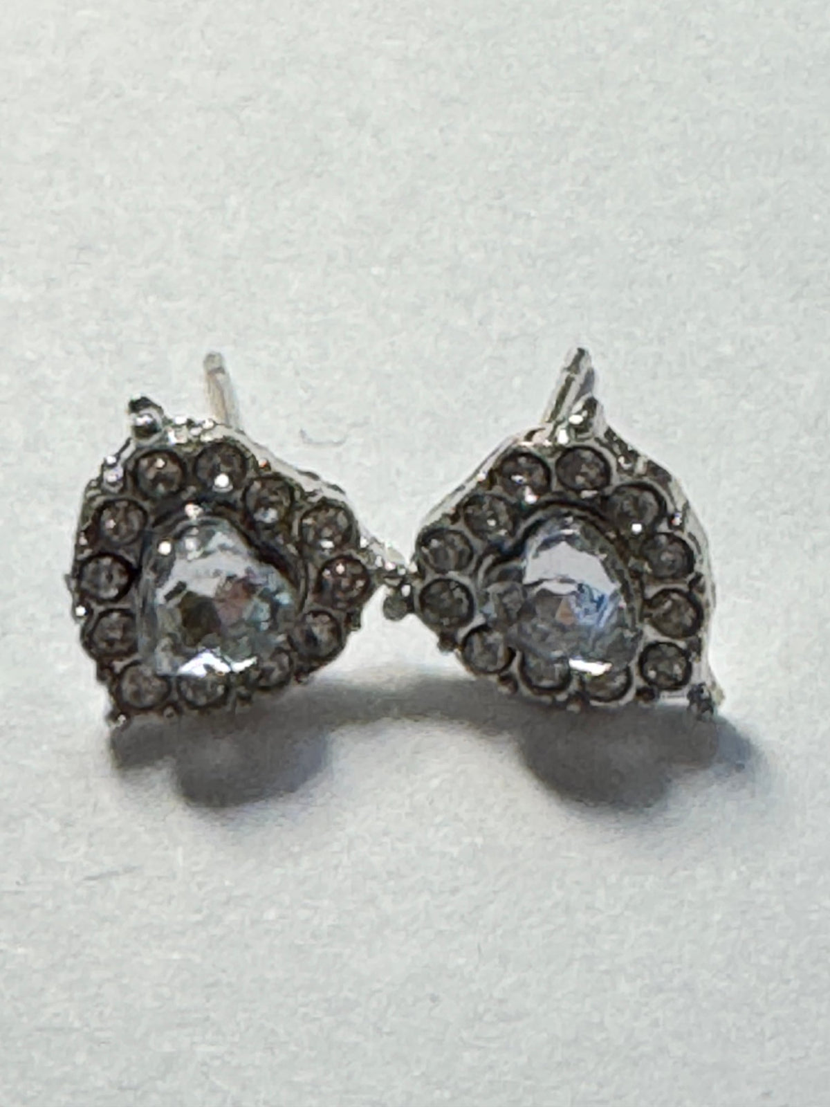 Art-Deco Halo Stud Earrings · Crystal-Look Heart Center · Silver-Tone — photo 2