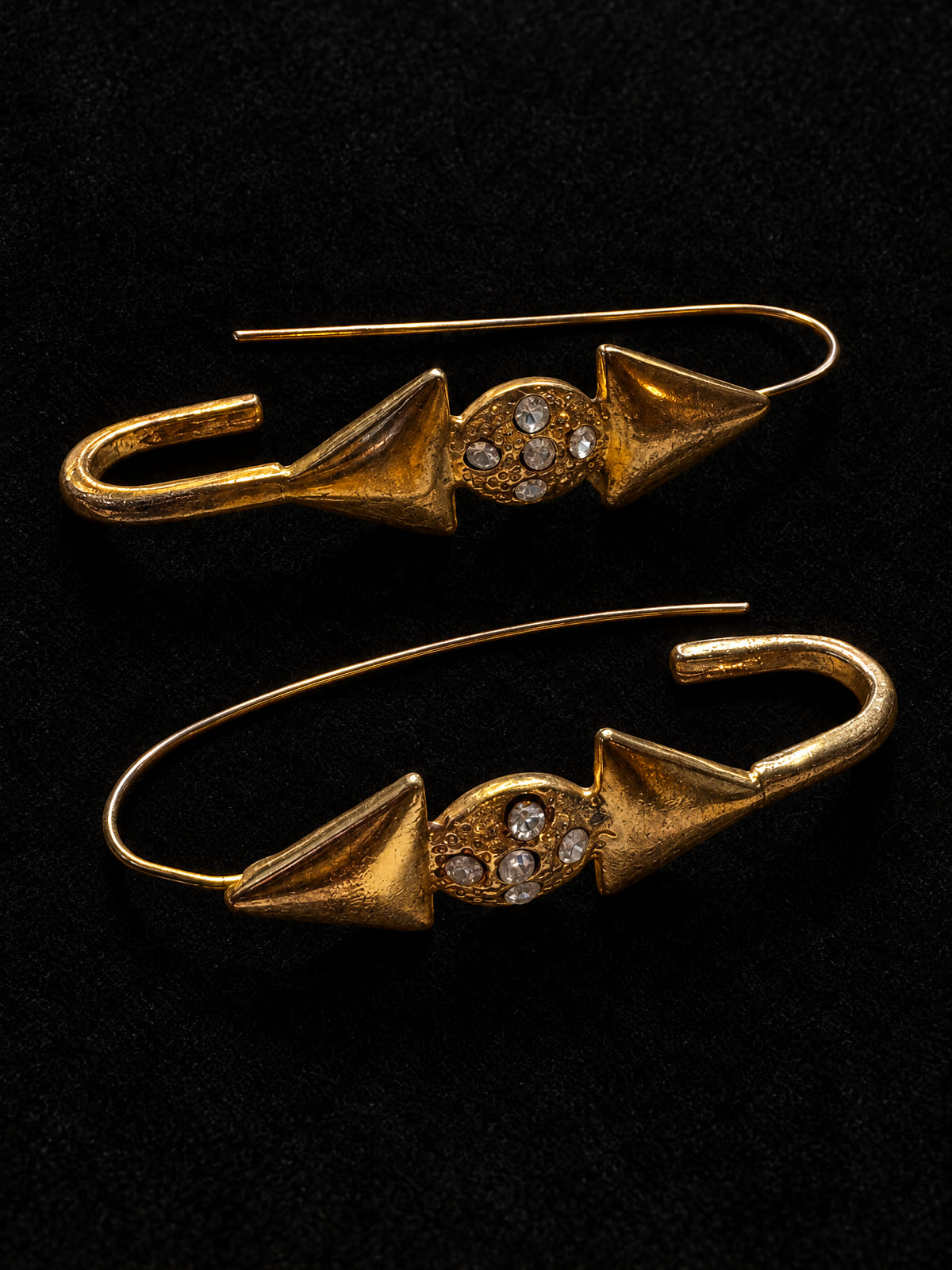 Gold-Tone Safety Pin Earrings · Arrow Crystal Statement · 1980s