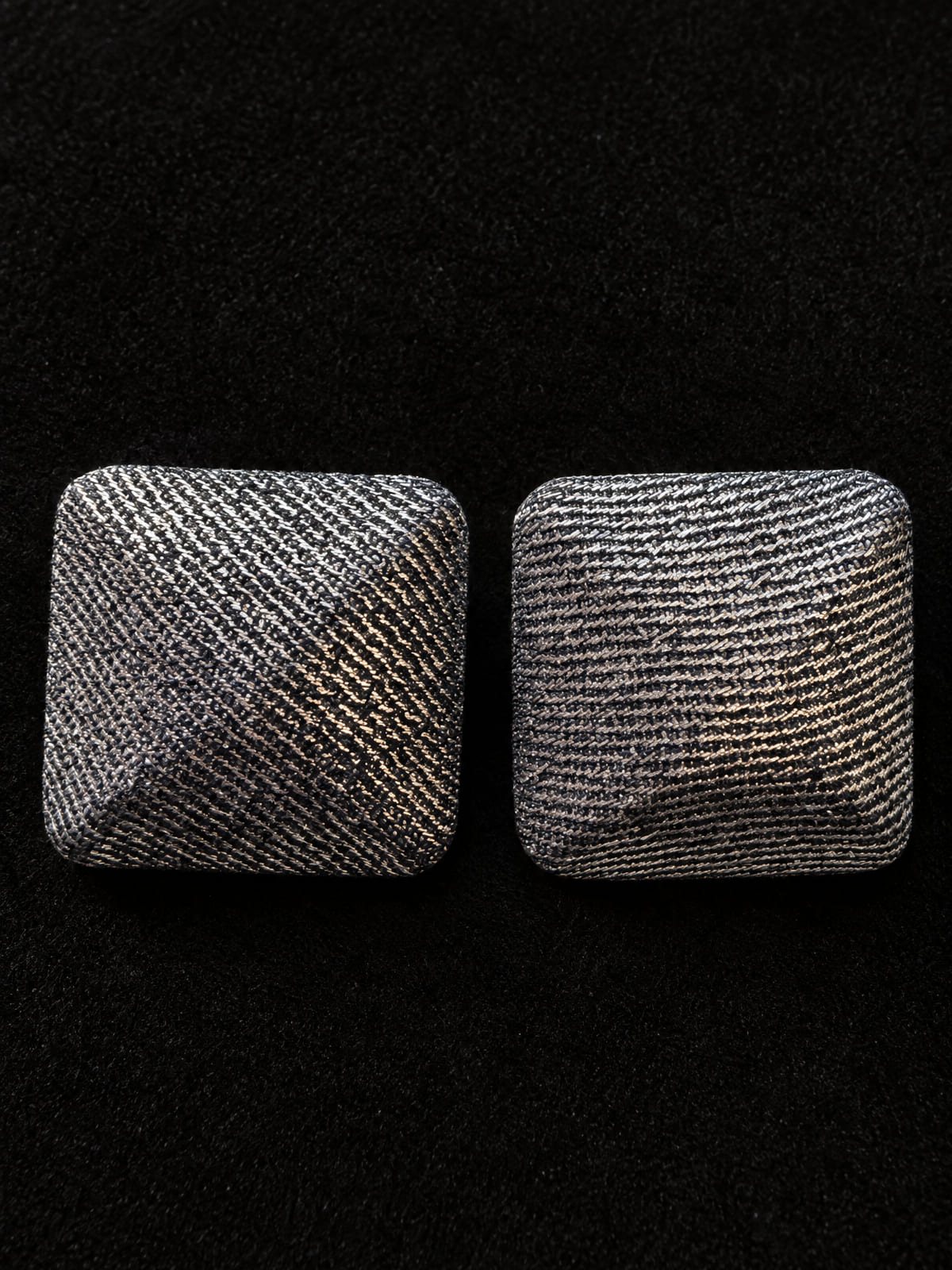 Square Post-Back Earrings · Metallic Woven Textile · Black & Metallic