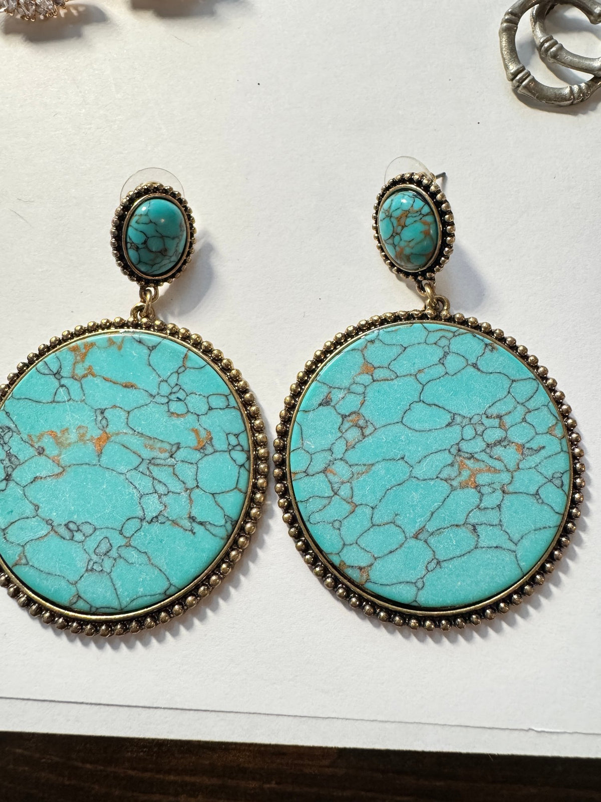 Round Drop Earrings · Southwestern-Style · Turquoise-Color Gold-Tone — photo 2