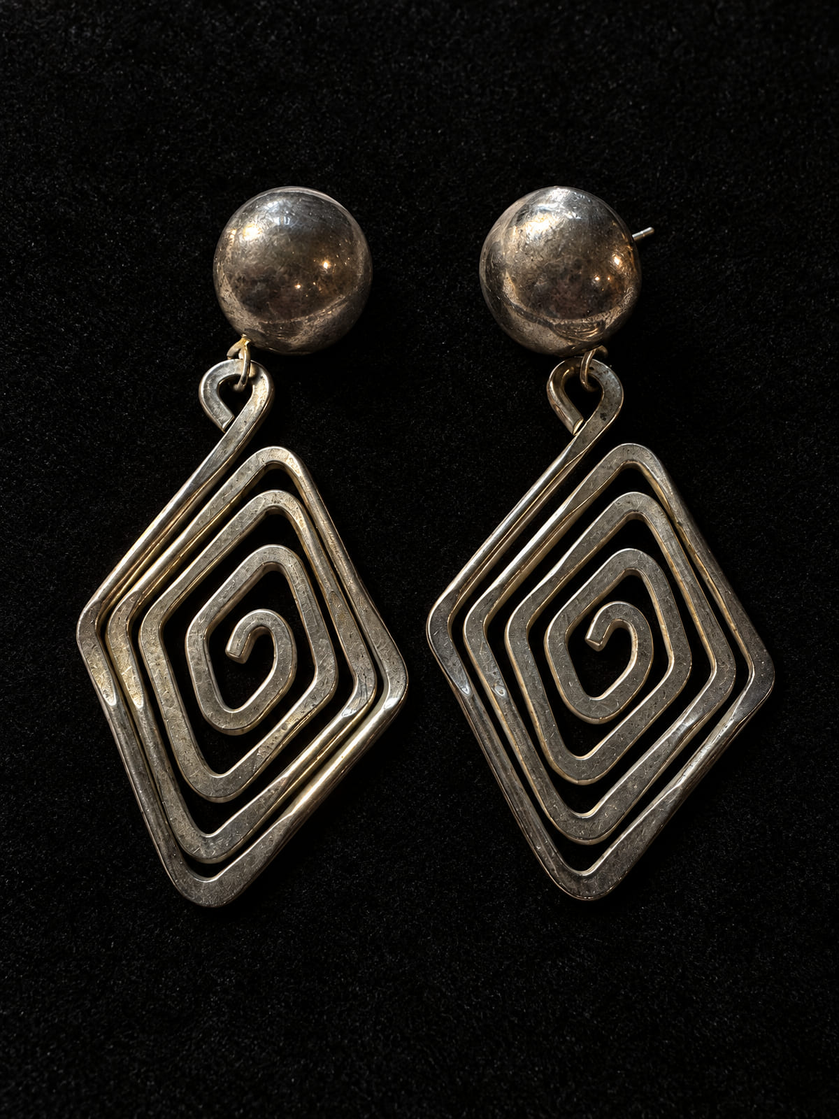 Square Spiral Drop Earrings · Statement · Silver-Tone Dome Post
