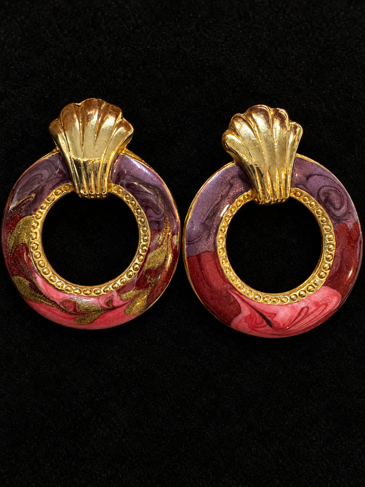 Marbled Enamel Hoops · Hollywood Regency-style · Purple Red Gold-Tone