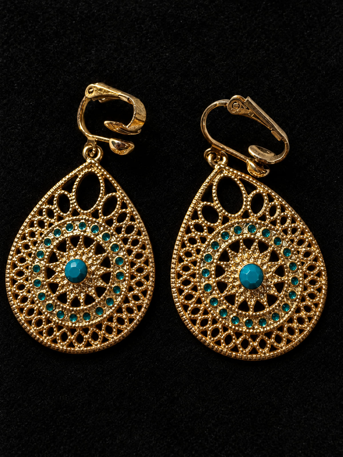 Clip-On Teardrops · Gold-Tone Filigree · Turquoise-Color & Teal