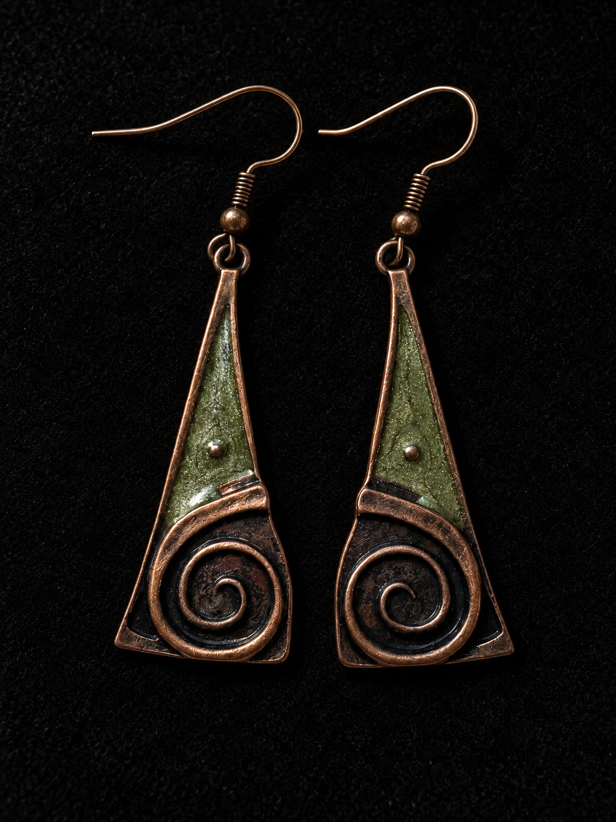 Copper-Tone Dangle Earrings · Boho Spiral · Green Enamel
