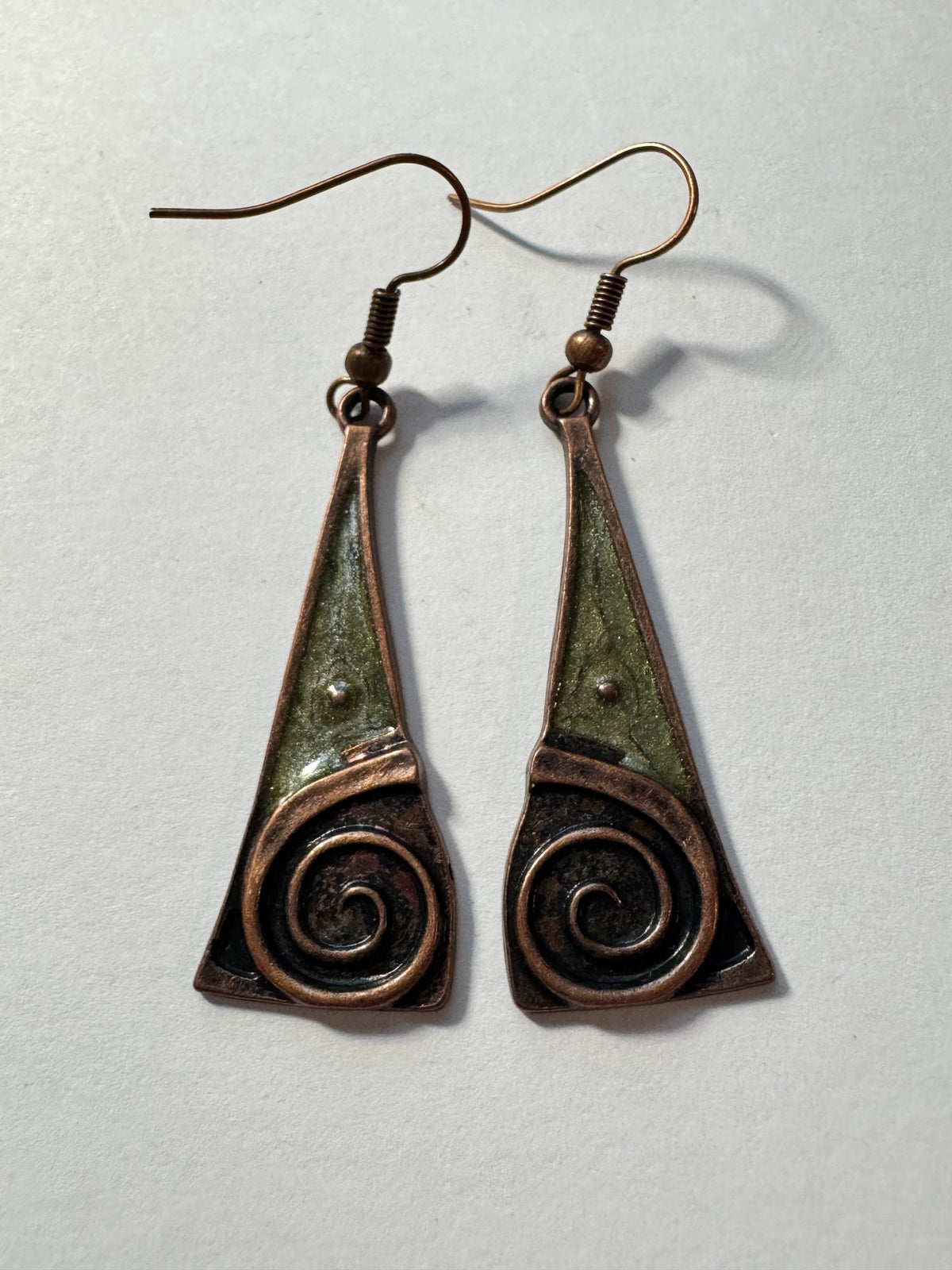Copper-Tone Dangle Earrings · Boho Spiral · Green Enamel — photo 2