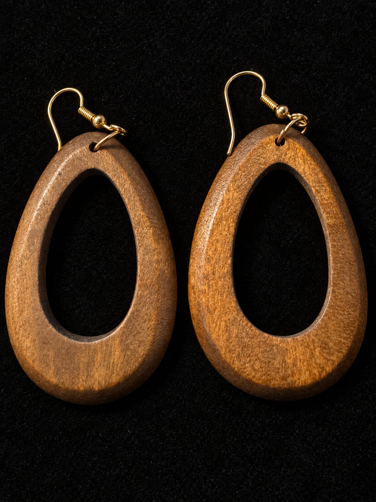 Wood Oval Hoop Dangles · Boho · Warm Brown & Gold-Tone Hooks