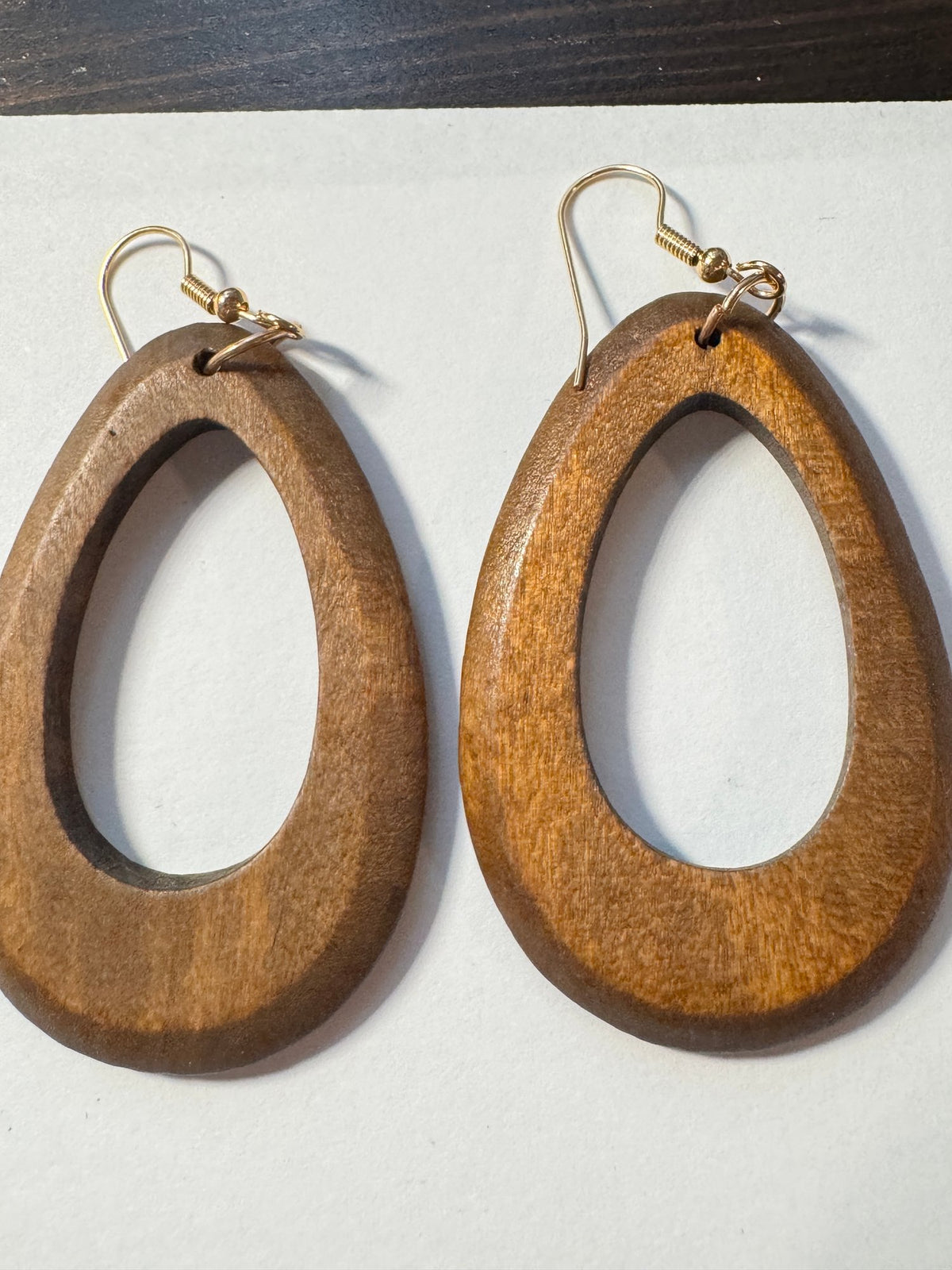 Wood Oval Hoop Dangles · Boho · Warm Brown & Gold-Tone Hooks — photo 2