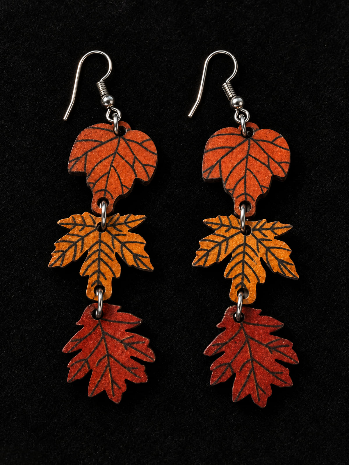 Fall Leaf Dangles · Boho Wood-Look · Burnt Orange Amber Red