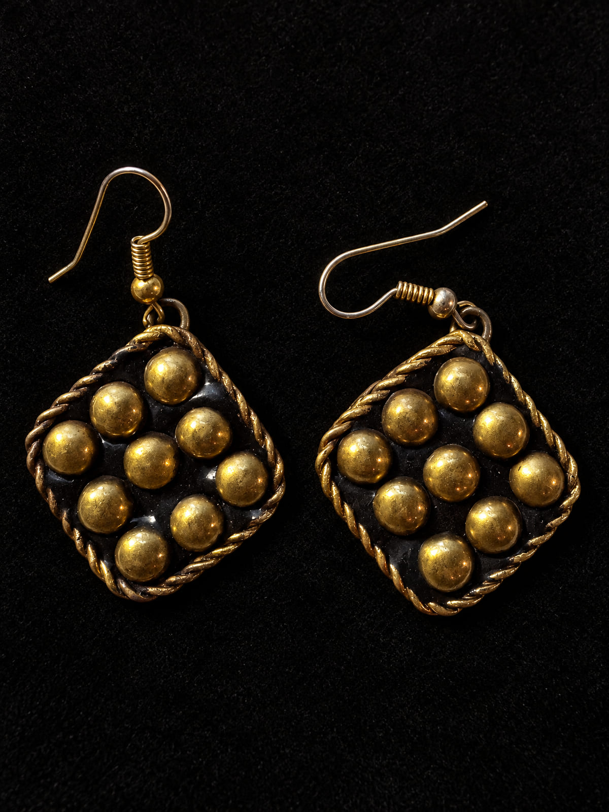 Dangle Earrings · Boho Gold-Tone Dome · Black Enamel Diamond-Shape