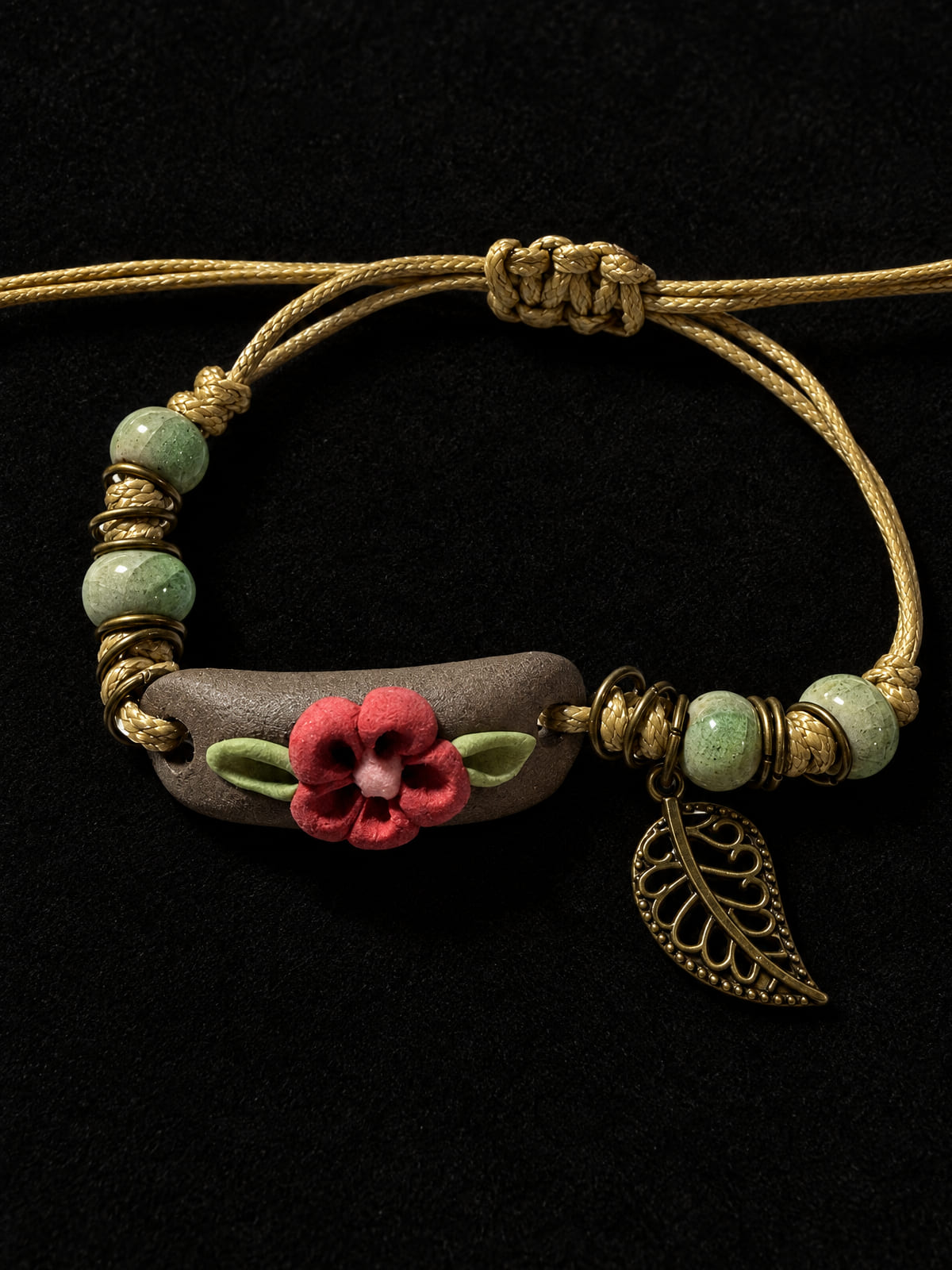 Artisan Ceramic Bracelet · Boho Floral · Brown Red Green Gold-Tone