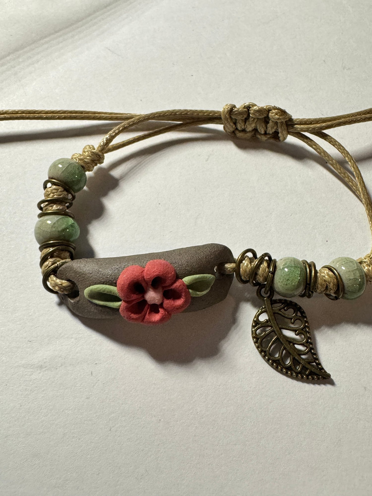 Artisan Ceramic Bracelet · Boho Floral · Brown Red Green Gold-Tone — photo 3