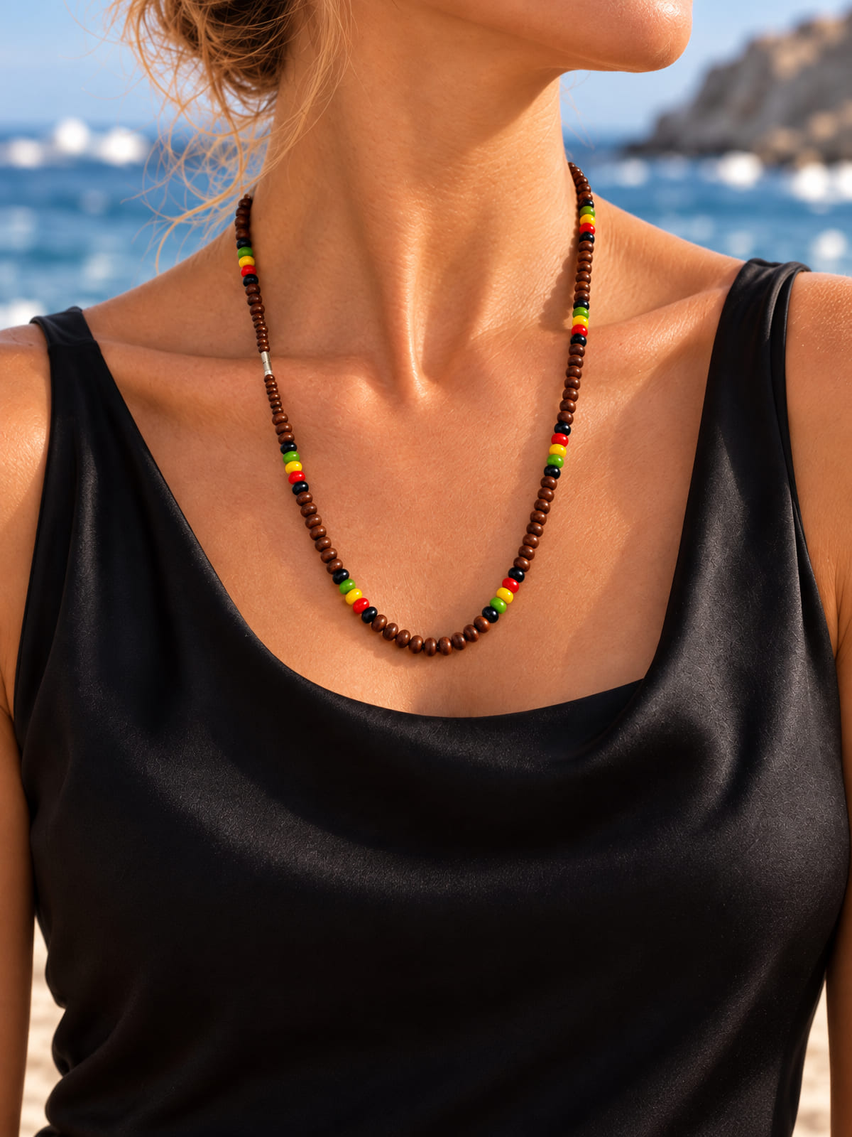 Wood-Look & Glass Bead Necklace · Red, Gold & Green · Multicolor Boho