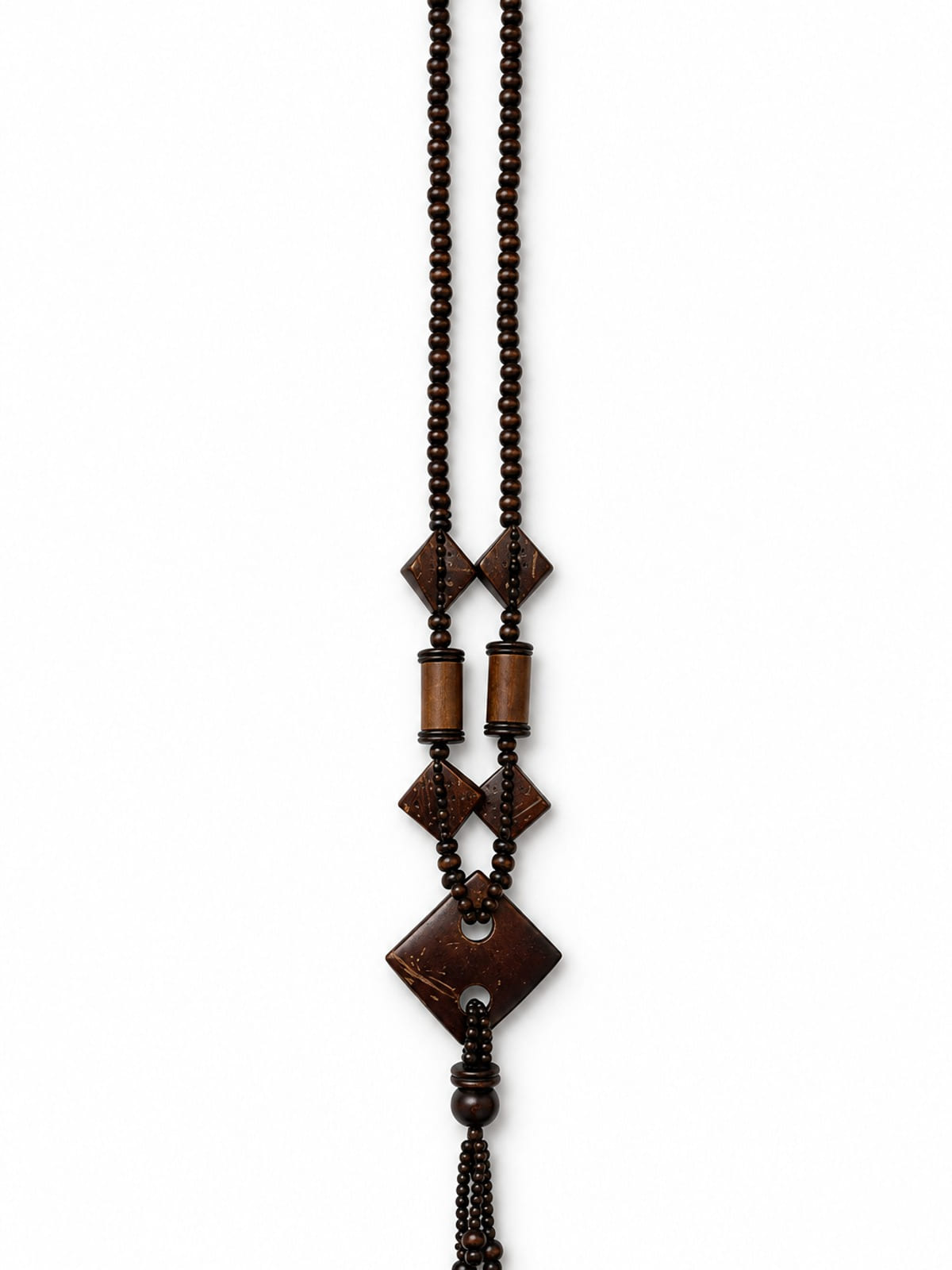 Wood-Look Bead Necklace · Boho Statement · Dark Brown Carved