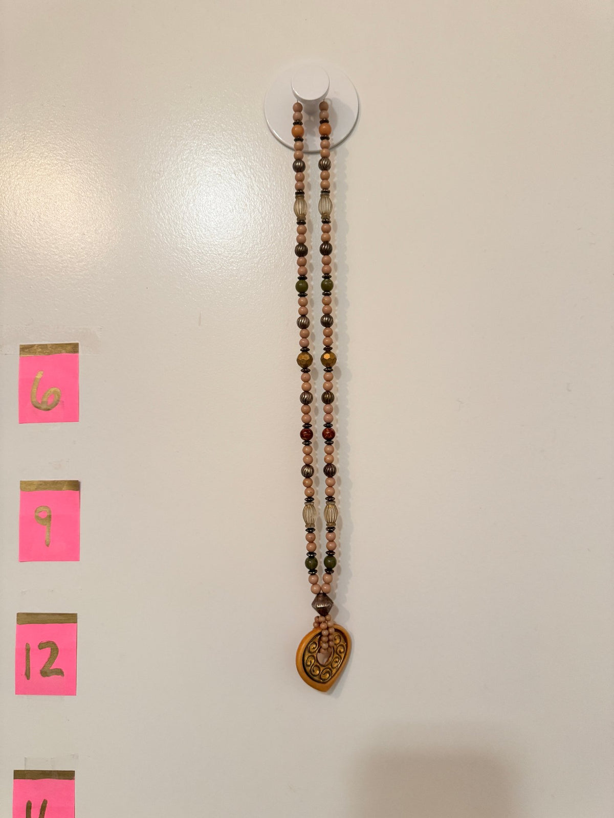 Beaded Pendant Necklace · Boho · Tan Brown Amber-Color Carved Resin — photo 2
