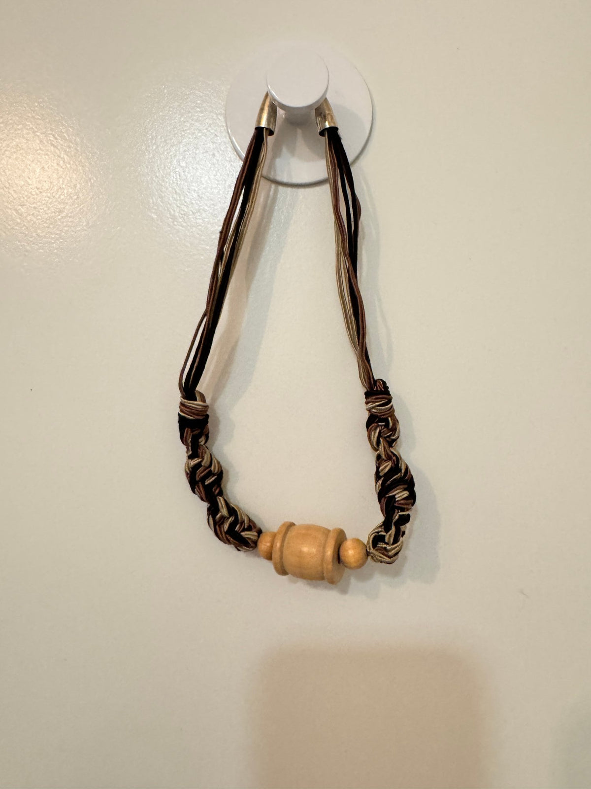 Braided Cord Necklace · Boho · Natural Wood-Look Bead Centerpiece — photo 3