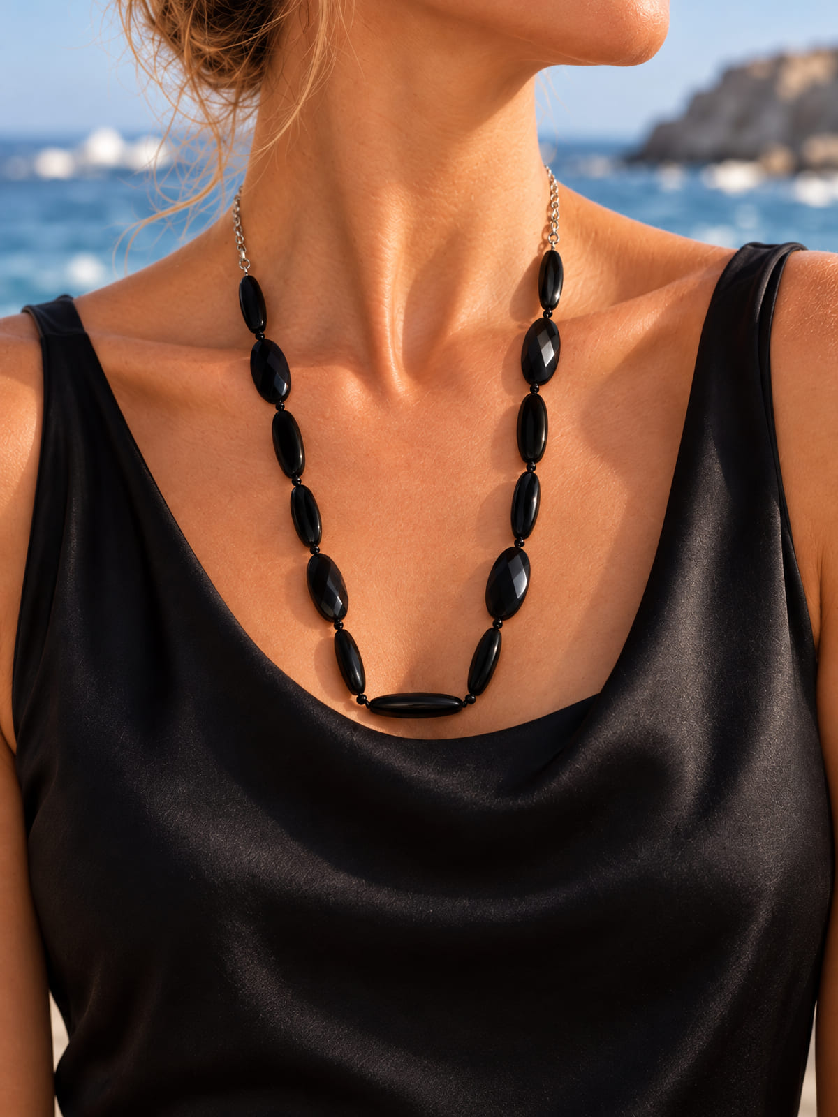 Black Oval Bead Necklace · Bold Statement · Silver-Tone Chain