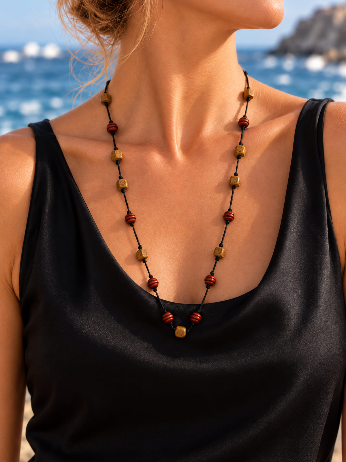 Boho Bead Strand · Gold-Tone & Red Striped Cord Necklace