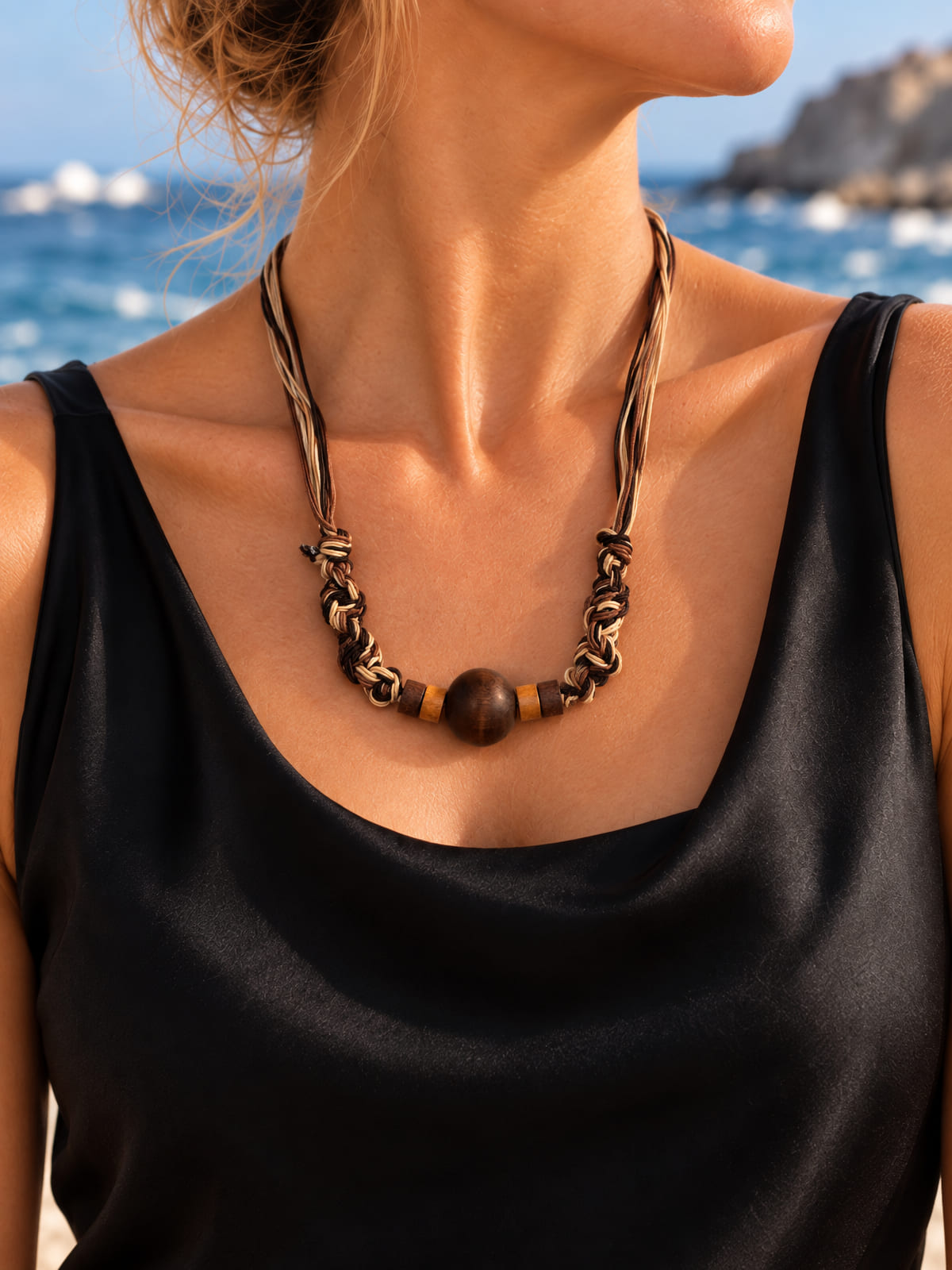 Wood-Look Bead Braided Cord Necklace · Boho · Brown Tan Cream