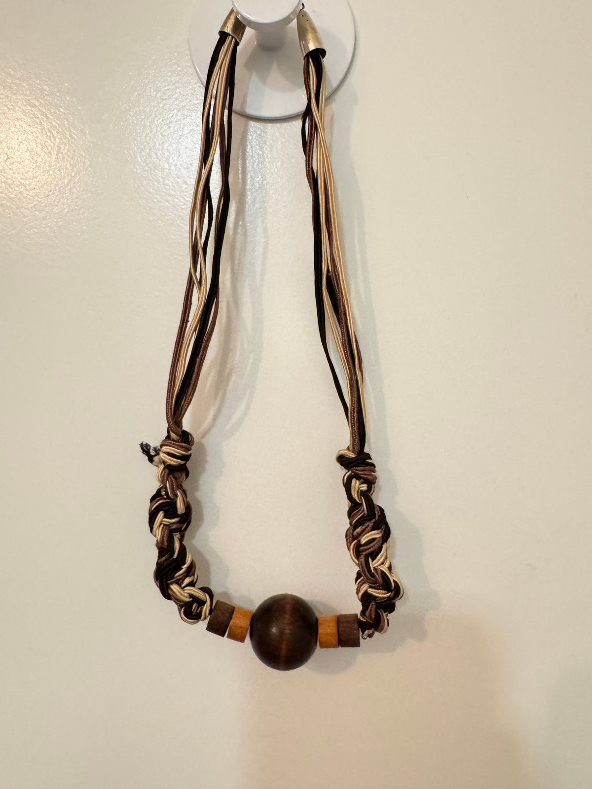 Wood-Look Bead Braided Cord Necklace · Boho · Brown Tan Cream — photo 2
