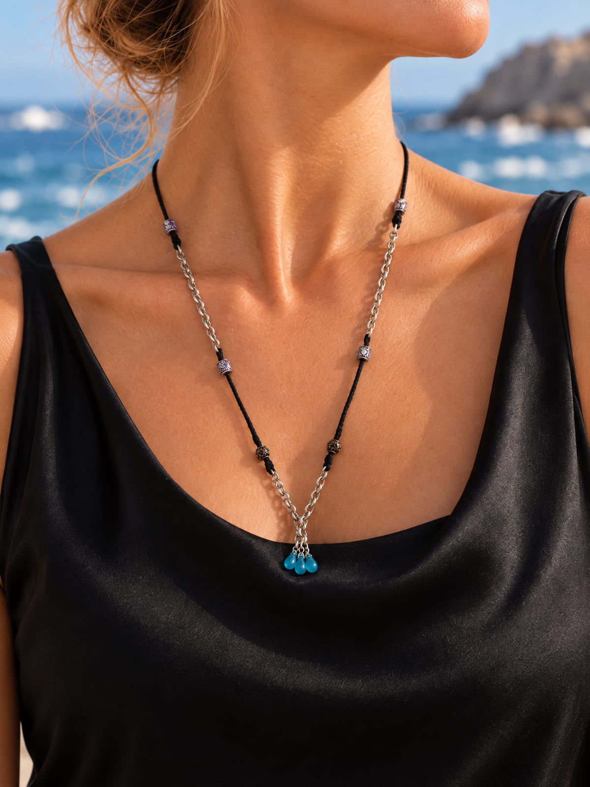 Boho Beaded Necklace · Silver-Tone Chain & Black Cord · Blue Glass