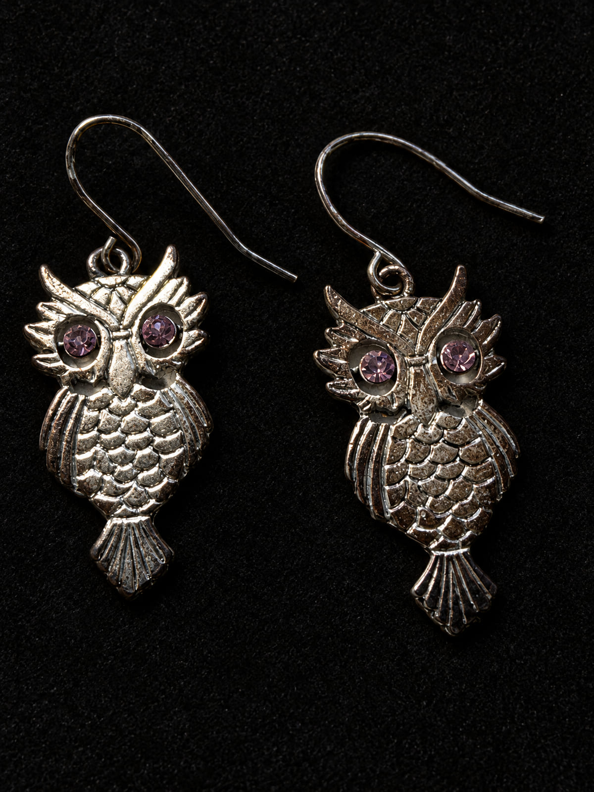 Owl Drop Earrings · Silver-Tone · Purple Crystal Eyes · French Hook