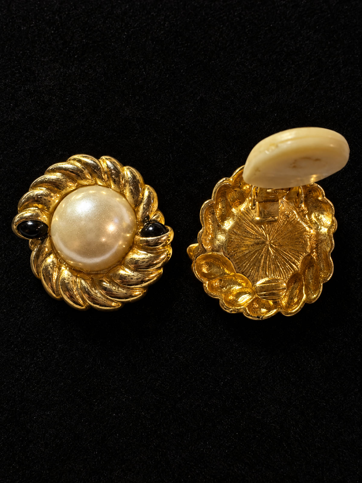 Clip-On Earrings · Gold-Tone Faux Pearl & Black Cabochon · Cream