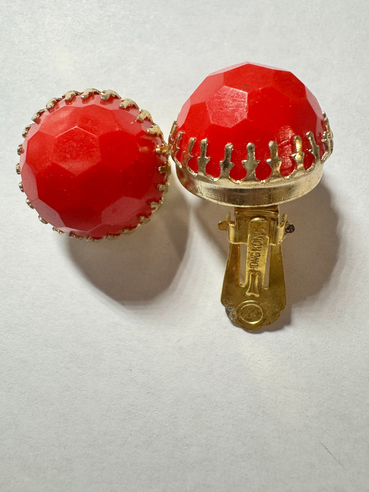 Clip-On Earrings · Mod-Style · Red Faceted Glass Gold-Tone Crown — photo 2