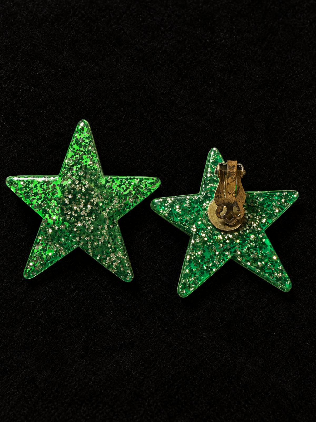 Green Glitter Star Clip-On Earrings · Statement · Silver-Tone Lucite