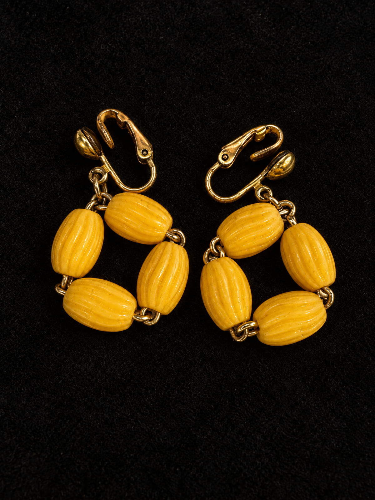 Clip-On Earrings · Mid-century-style · Yellow Ribbed Bead Drops