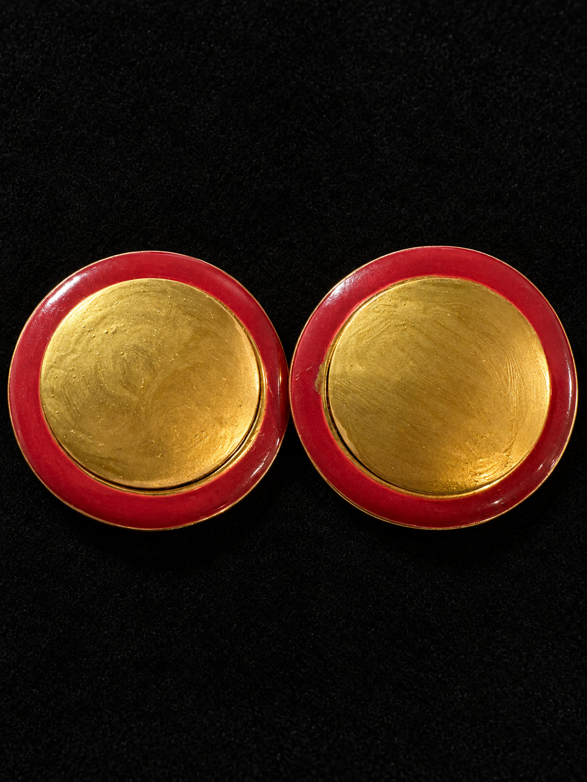 Clip-On Earrings · Red Enamel & Gold-Tone Dome · Bold Round