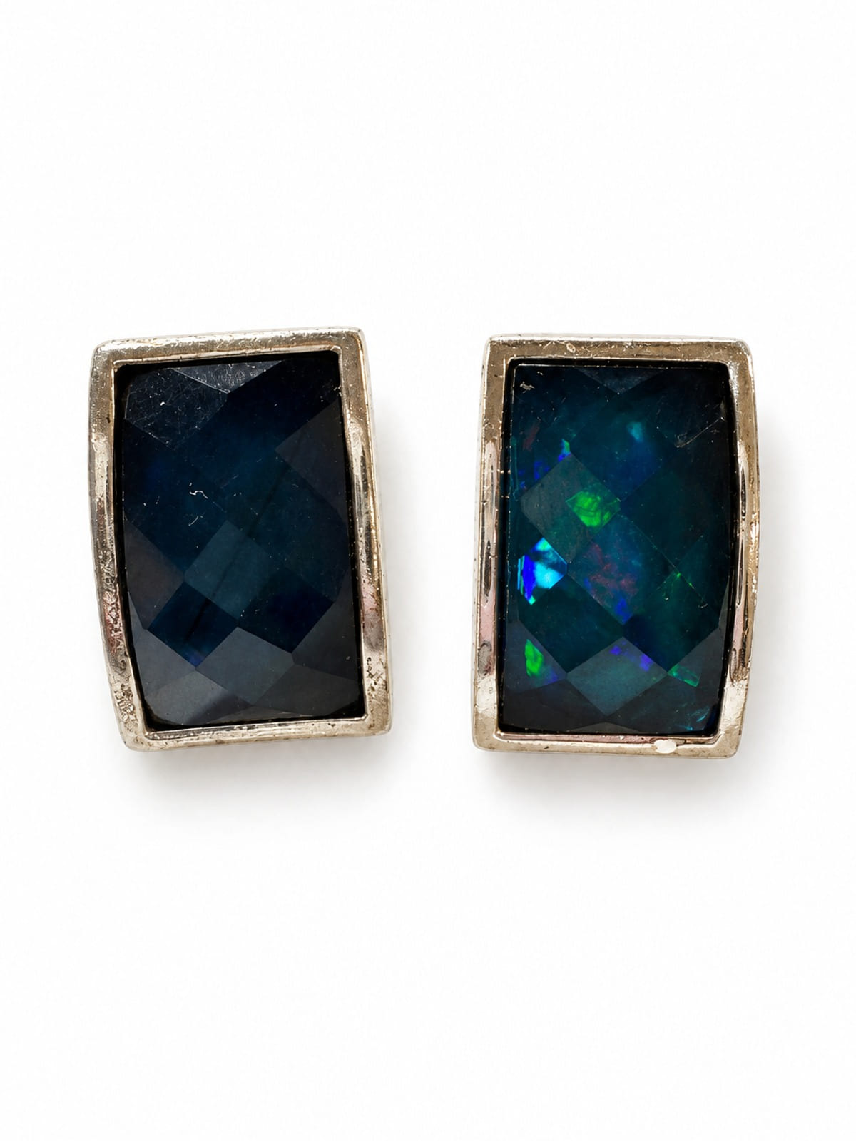 Rectangle Stud Earrings · Dark Crystal Glass · Iridescent Blue Teal