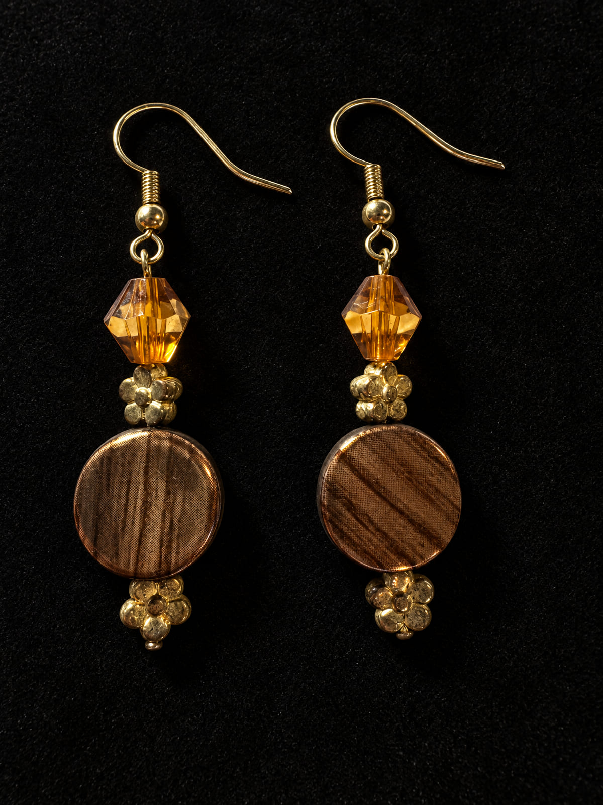 Dangle Earrings · Amber Crystal & Brown Coin Bead · Gold-Tone