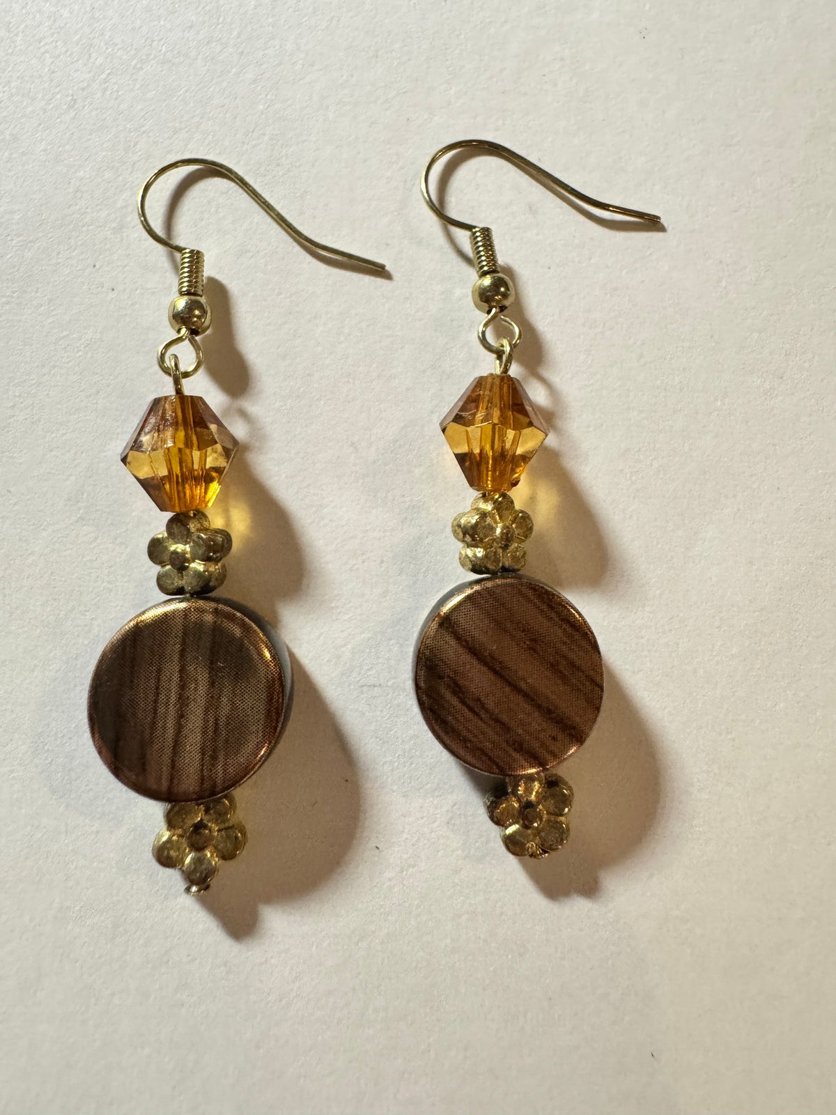 Dangle Earrings · Amber Crystal & Brown Coin Bead · Gold-Tone — photo 2
