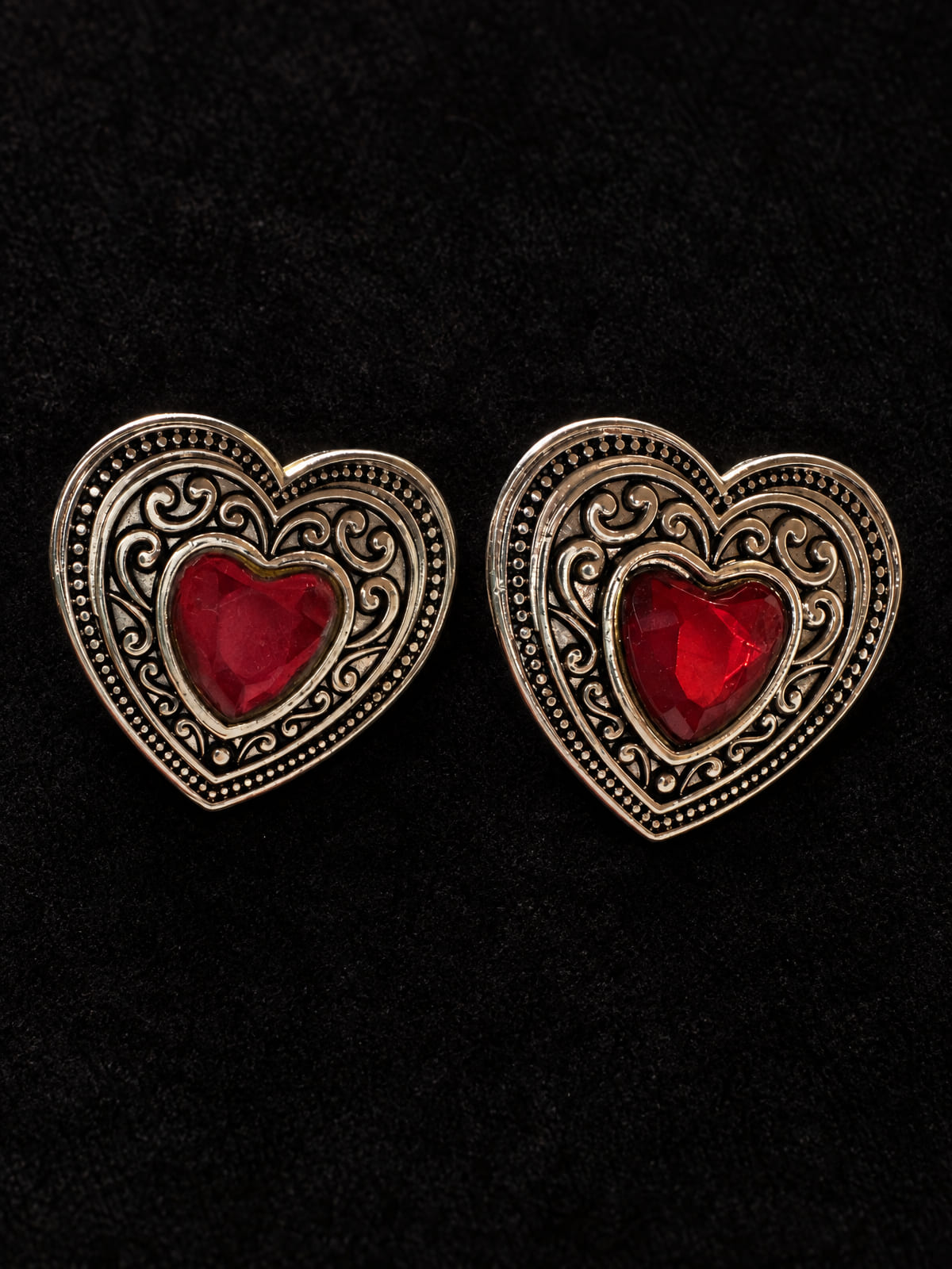 Heart Stud Earrings · Silver-Tone Filigree · Red Crystal Y2K