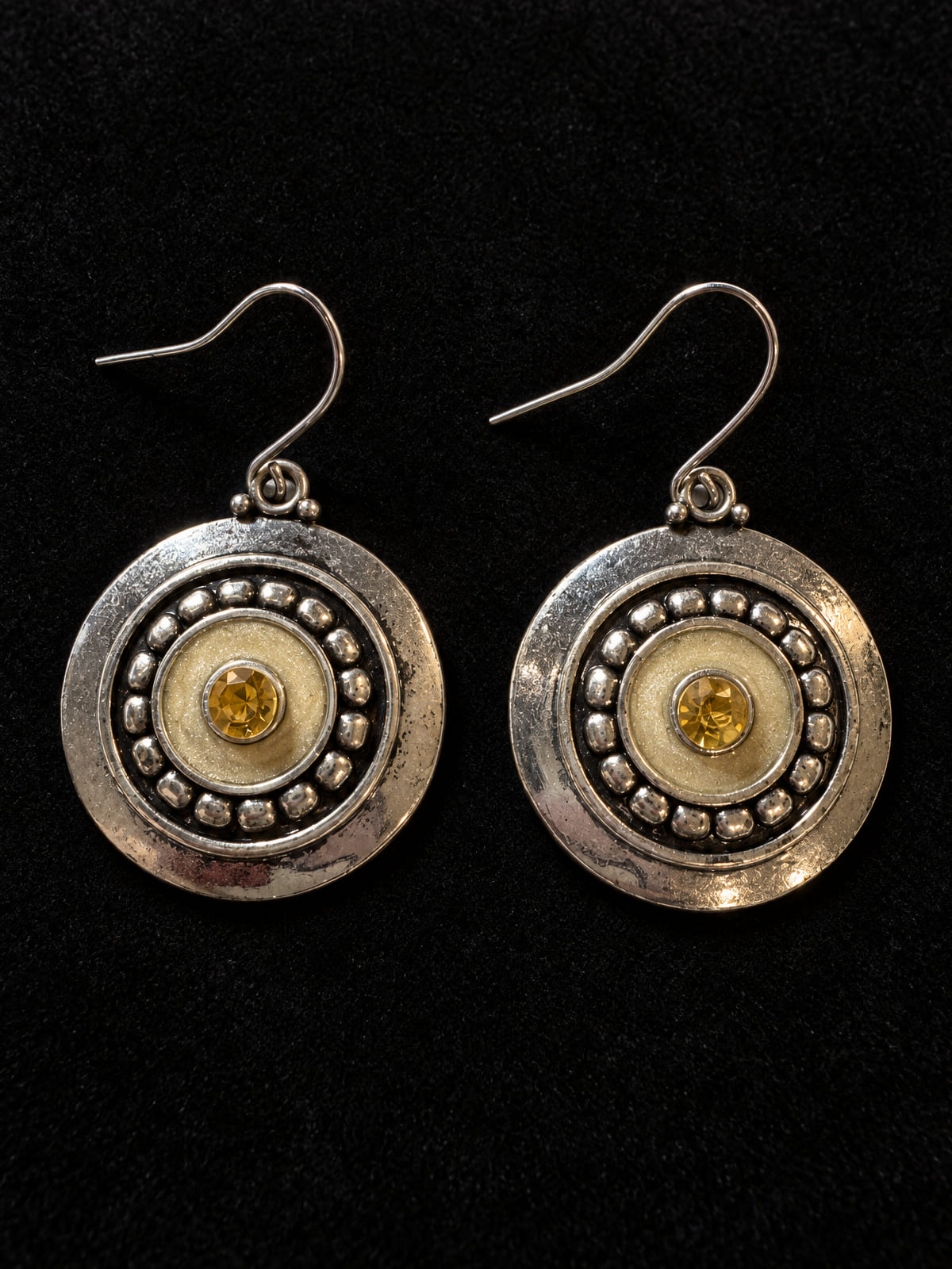 Dangle Earrings · Silver-Tone Disc · Amber Crystal Center