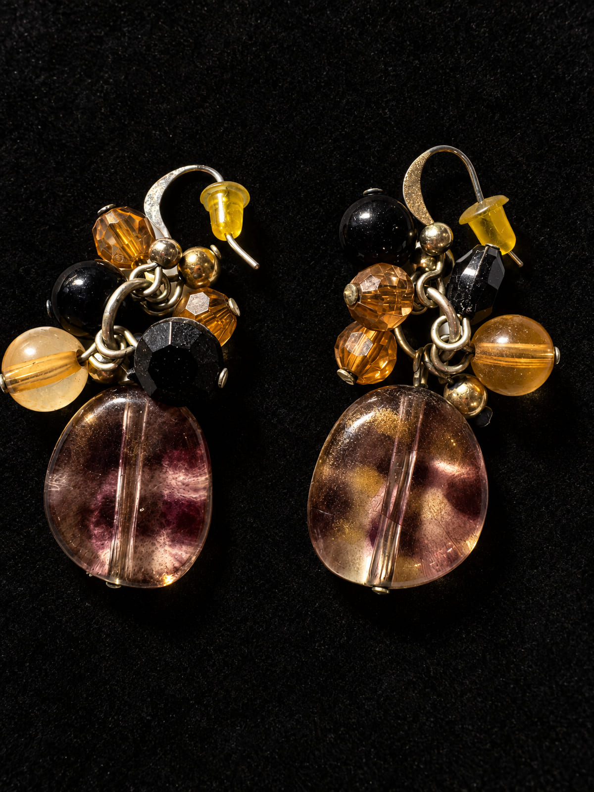 Dangle Earrings · Boho Cluster · Purple-Look Glass & Amber-Color Bead