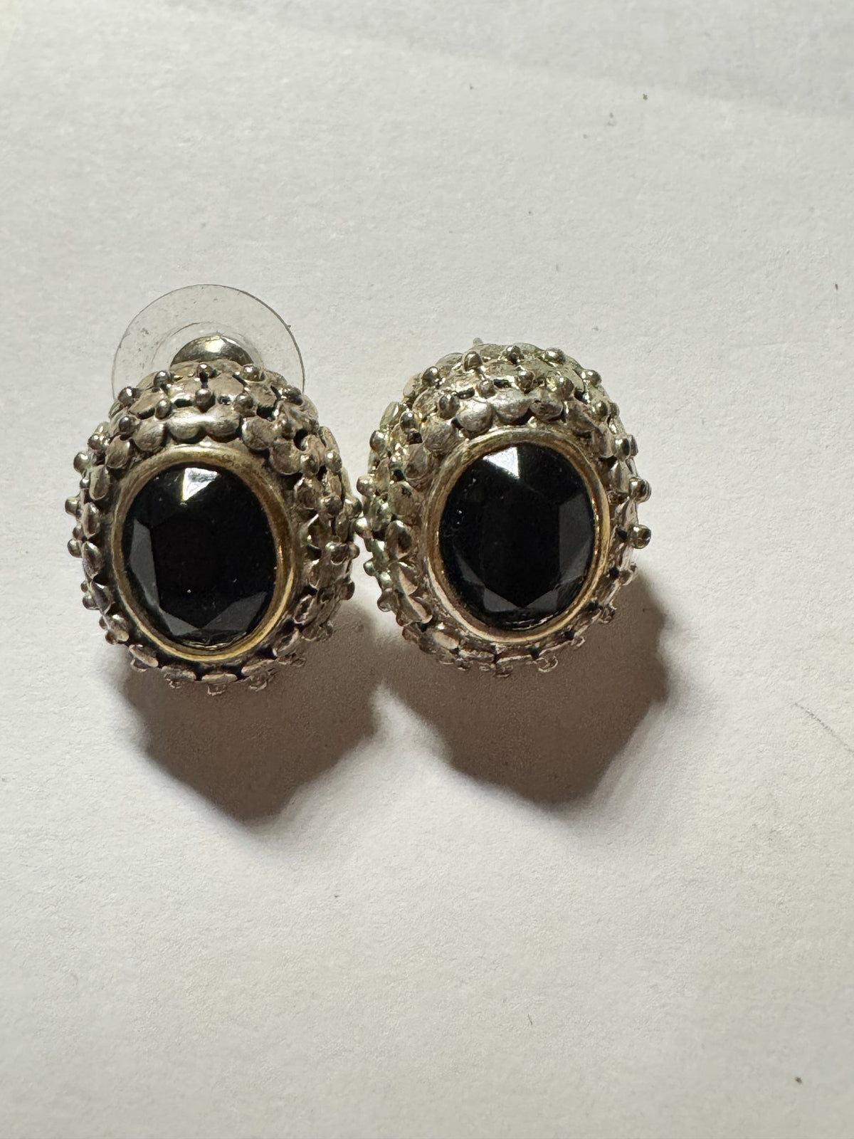 Oval Black Glass Stud Earrings · Repousse Silver-Tone · Statement — photo 3