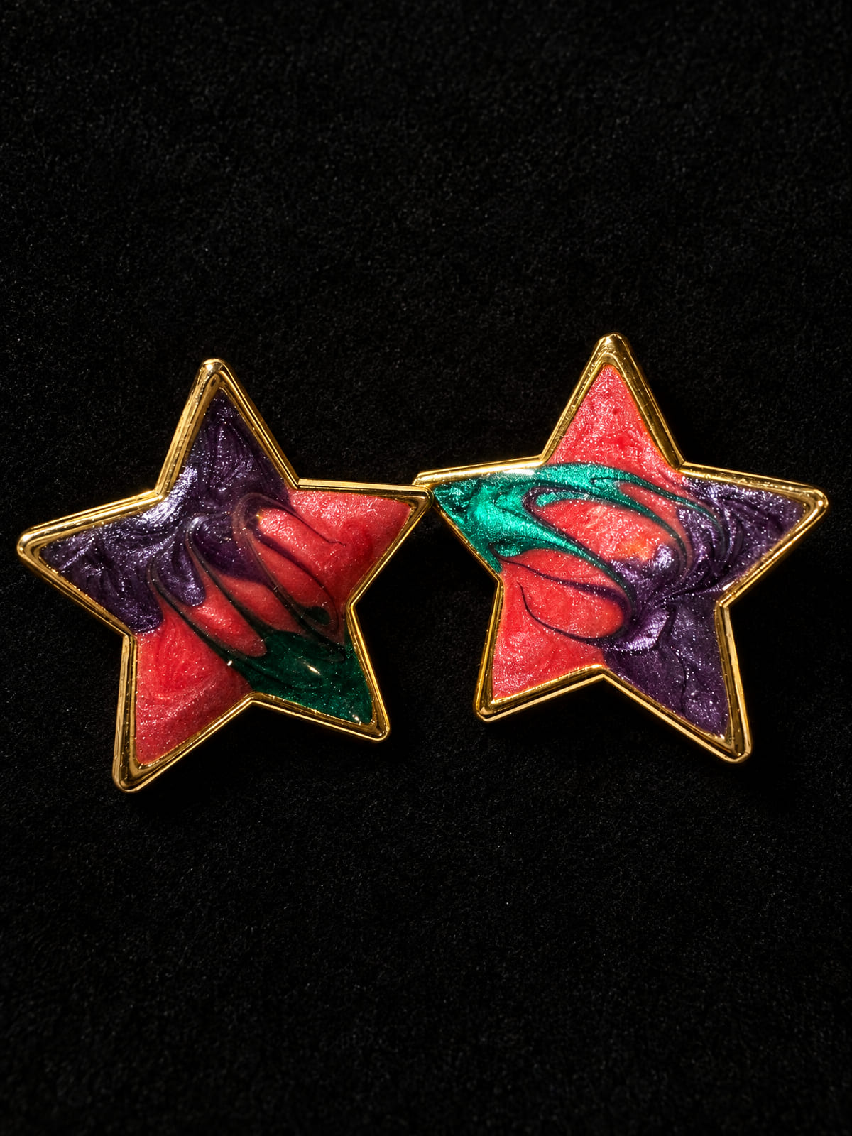 Star Earrings · Swirled Enamel · Red Purple Green Gold-Tone