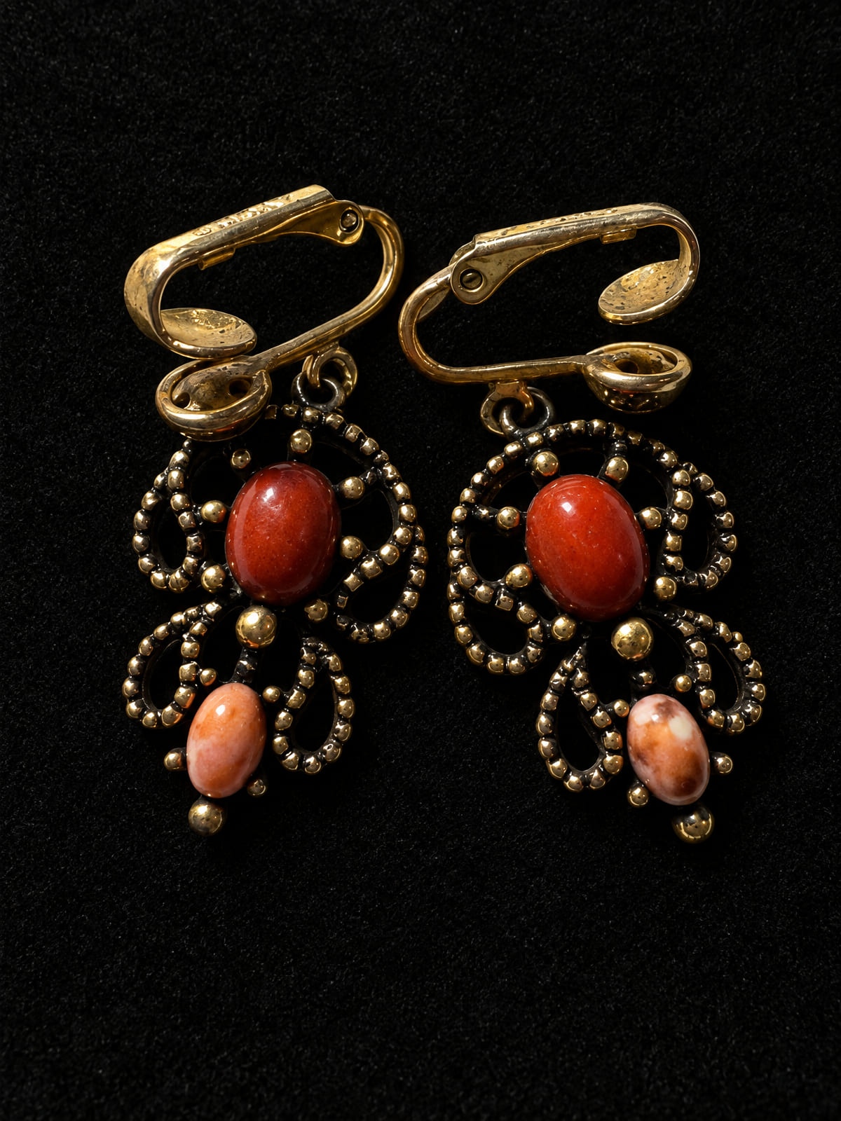 Clip-On Dangles · Mid-Century-Style Filigree · Red-Orange Coral-Color