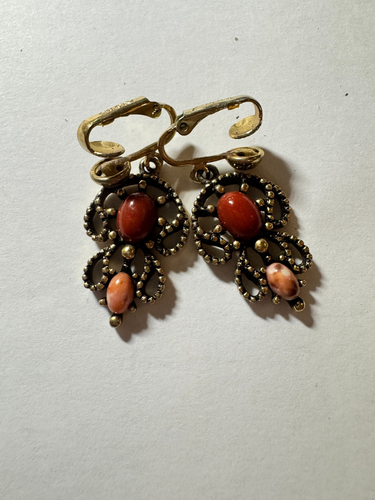 Clip-On Dangles · Mid-Century-Style Filigree · Red-Orange Coral-Color — photo 2