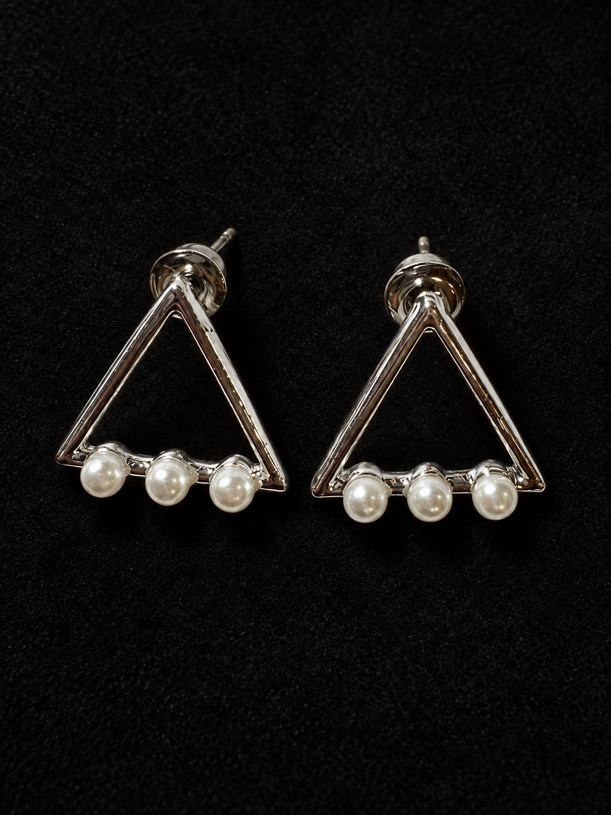 Triangle Stud Earrings · Faux Pearl Silver-Tone Geometric · Minimalist