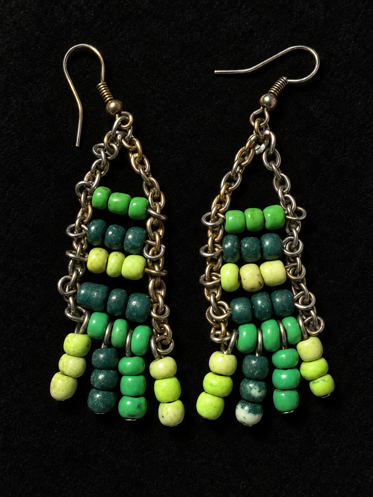 Beaded Chain Dangle Earrings · Boho · Green Multi Glass Fish-Hook
